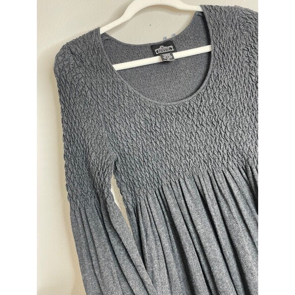 Angie Smocked Babydoll Dress L – Charcoal Gray Long Sleeve Boho Peasant Style - Picture 2 of 5